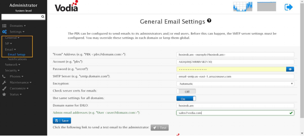 Vodia IOP SMTP Setup