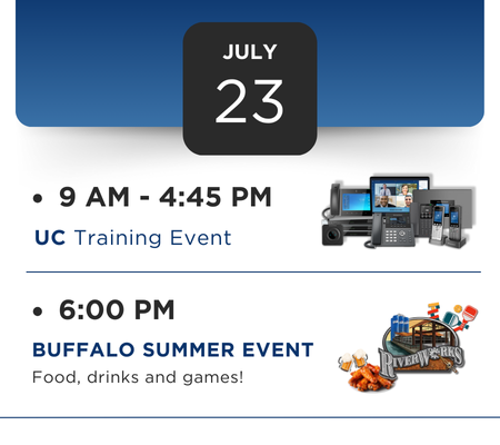 July 23rd Itinerary: 9am - 4:45 UC Training Event, 6pm Buffalo Summer Event (food, drinks and games) at Buffalo RiverWorks